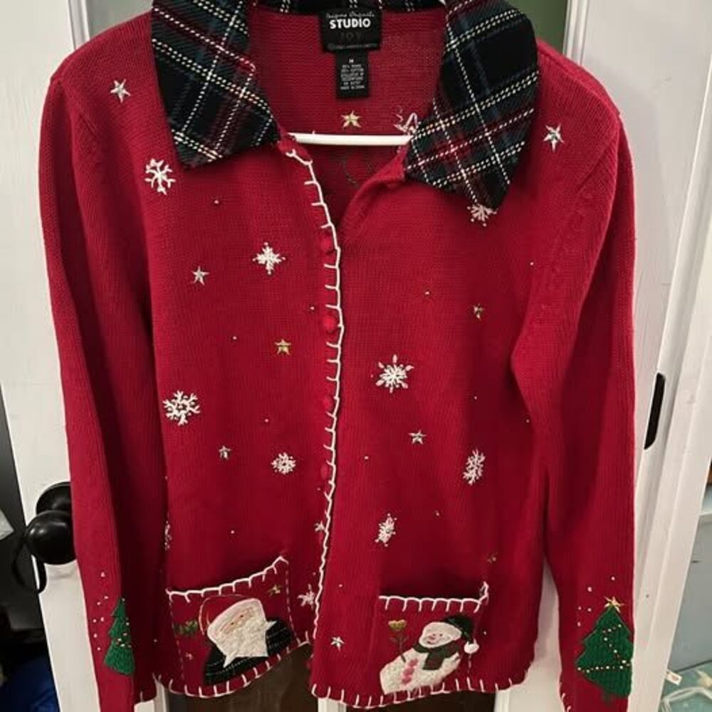 Designers Originals Studio Joy Red Christmas Cardigan Sweater Size Medium